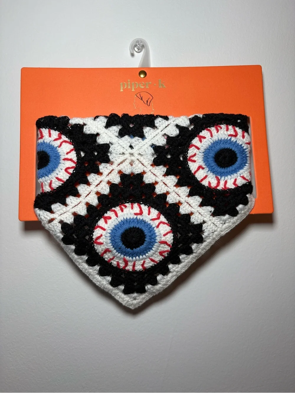 Piper-k Crocheted Eye Motif Bandana Scarf in White, Black & Blue